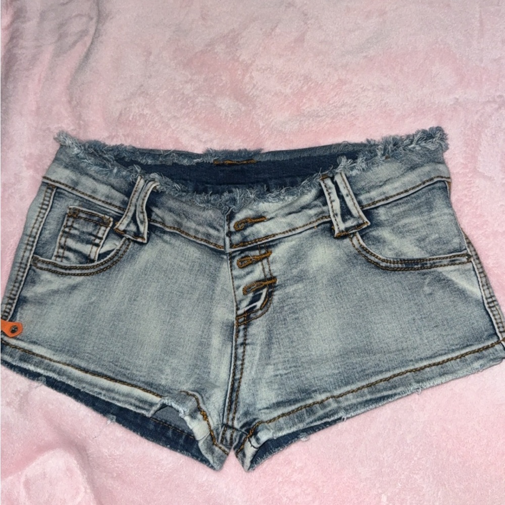 Bloom Light Blue Frayed low-rise 2000s Jean Shorts